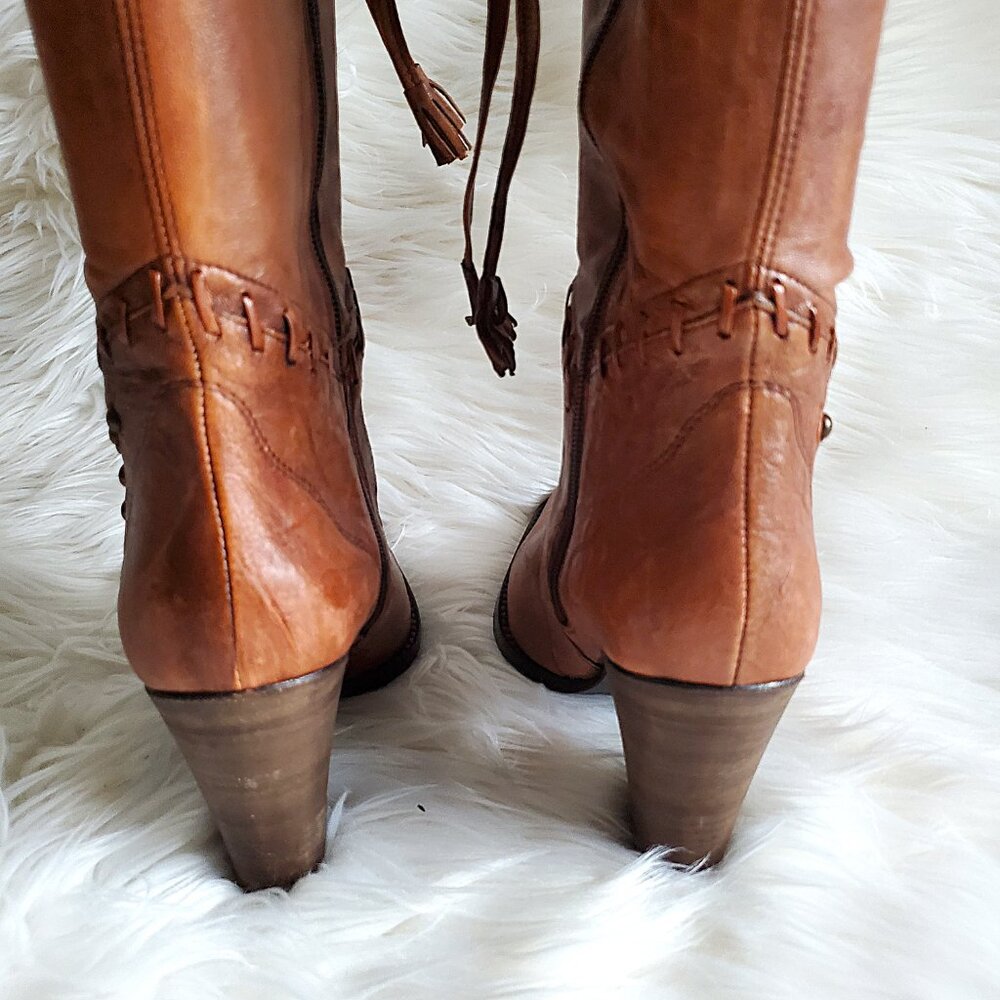 Andre' Cognac Leather Riding Studded Side Zipper Knee High Boot SZ 8 - Picture 10 of 16